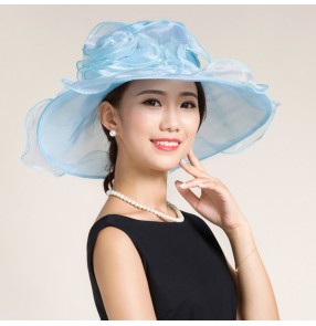 Black white light blue turquoise organza large brim floppy handmade women's female fashion wedding dresses evening party bridal church hats sun hats  fedoras for ladies